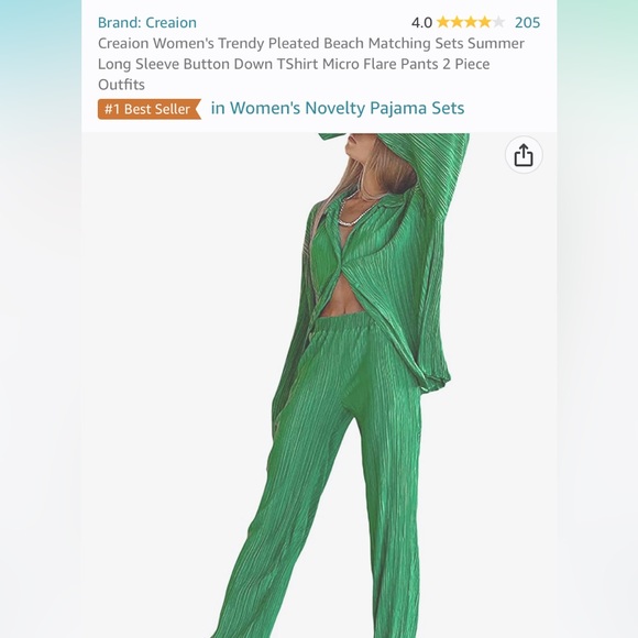 Pleated Matching Set: Long Sleeve Button Down and Slightly Flared Pant - Picture 1 of 5